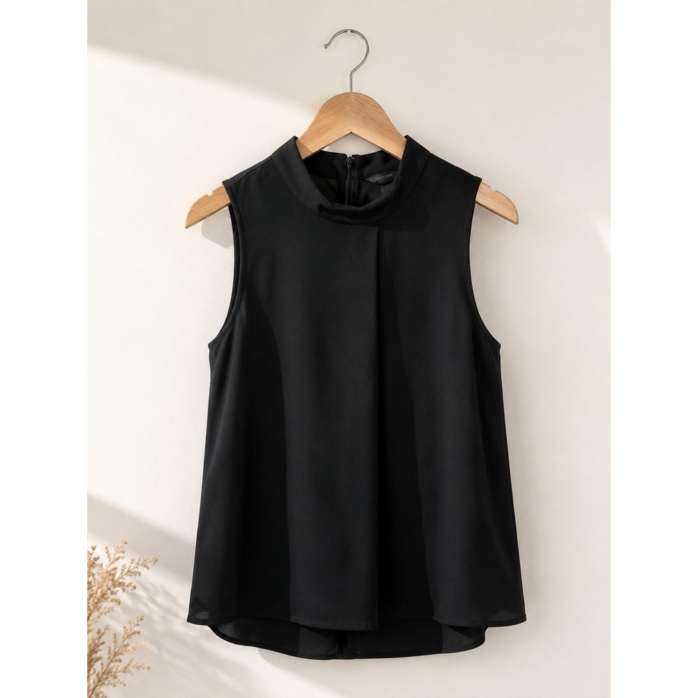 Ann Taylor Mock Neck Mixed Media Pleat Front Sleeveless Top Petite Medium Black
